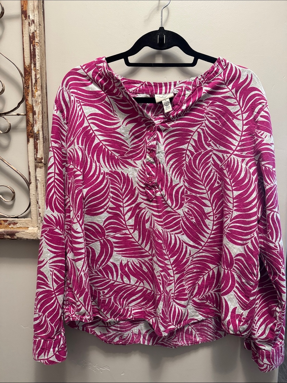 St. John's Bay Pink and White Leaf-Print Button Front Top